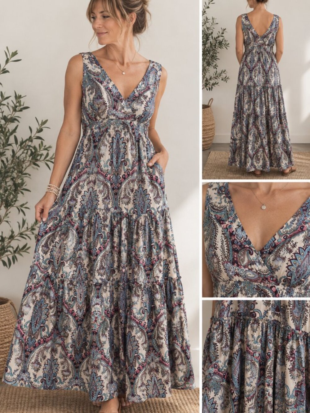 Boho Maxi Dress Peasant Hippie Festival Retro Floral Paisley Tiered Flowing